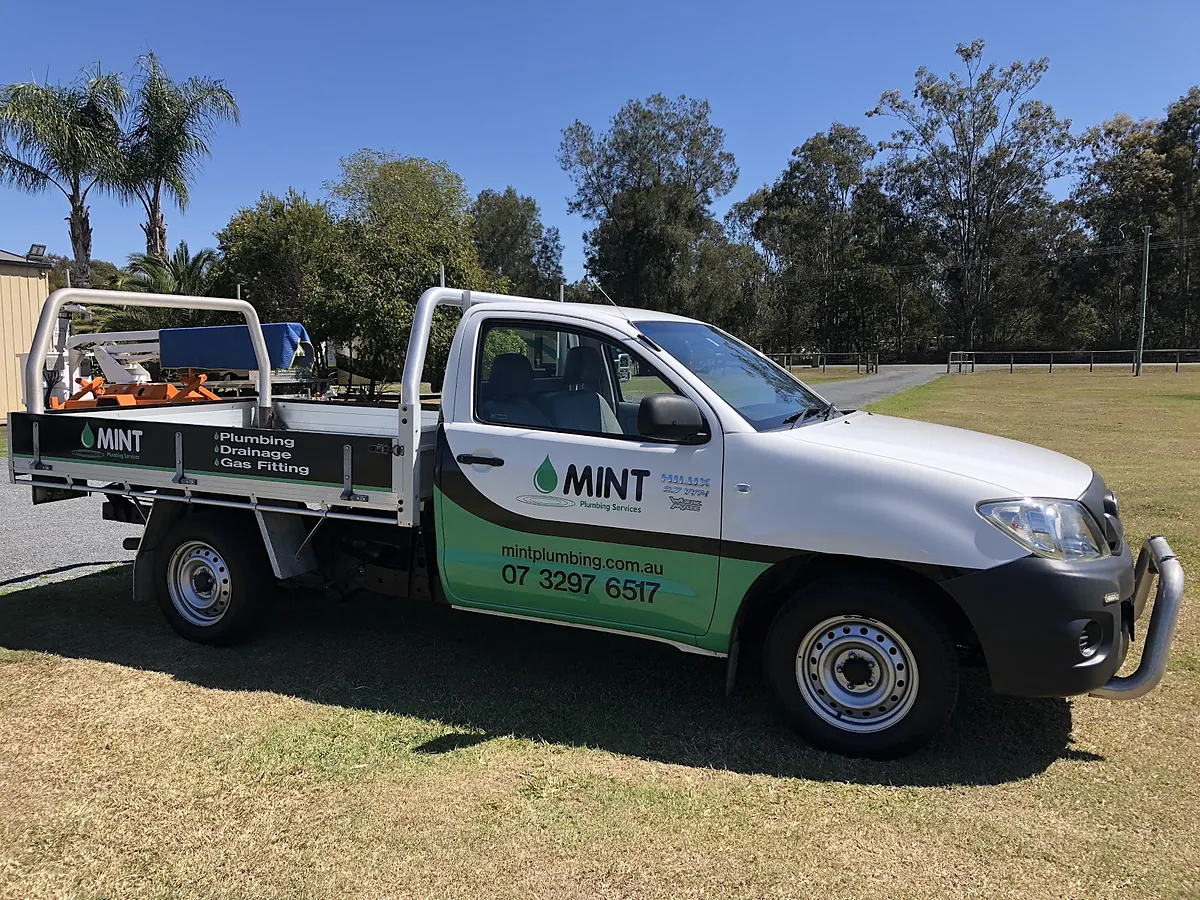 A Mint Plumbing Services single cab ute signwritten for plumbing, drainage and gas fitting, parked on grass