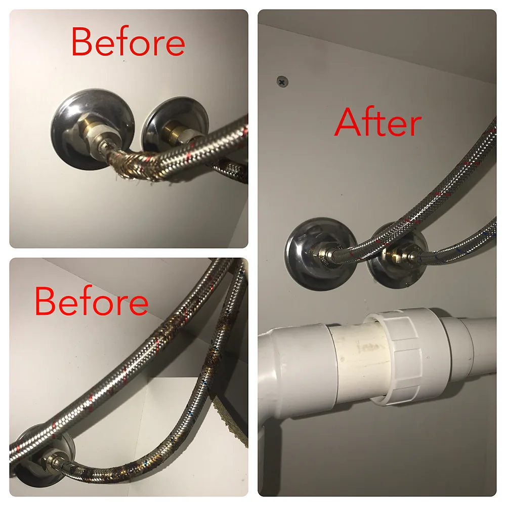Before and after photos of corroded braided tap hoses replaced with new fittings